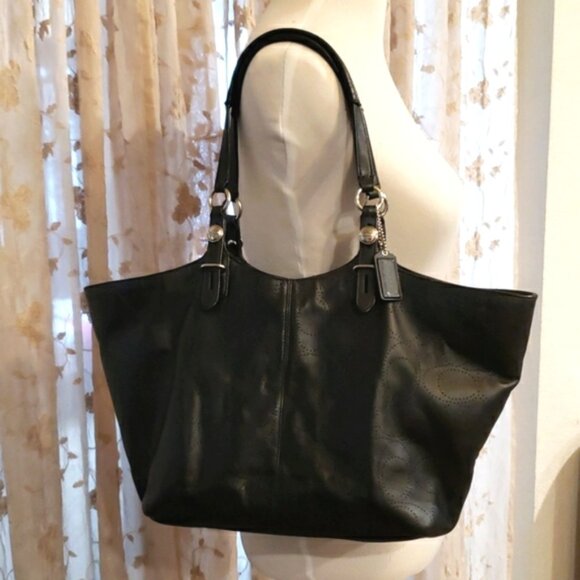 COACH Signature Black Perforated Leather Carly Tote F16598 - Picture 2 of 15